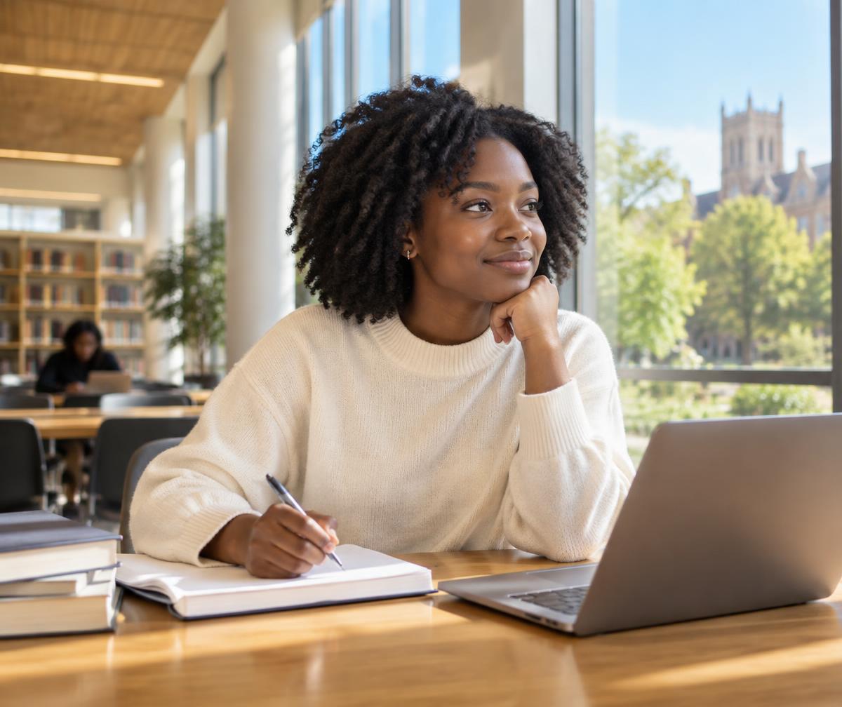 A university student reflecting on her next chapter in a campus library